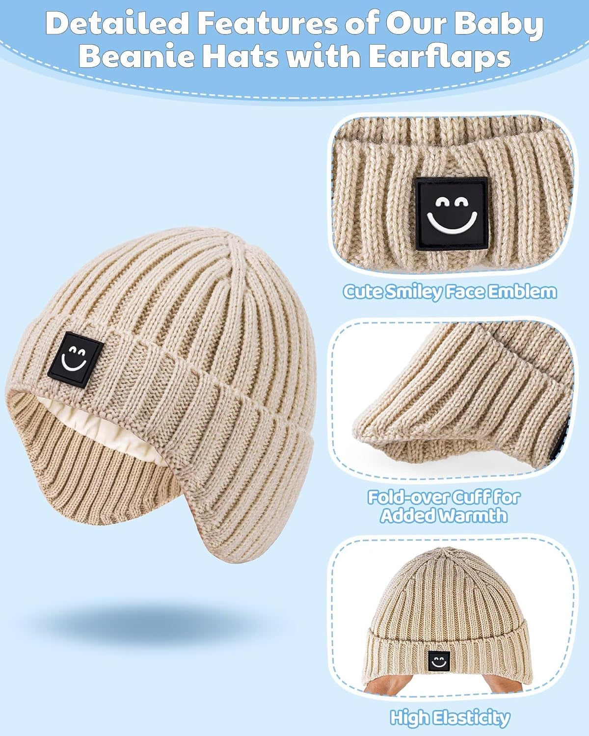 3 Pack Baby Beanie Hats with Earflaps